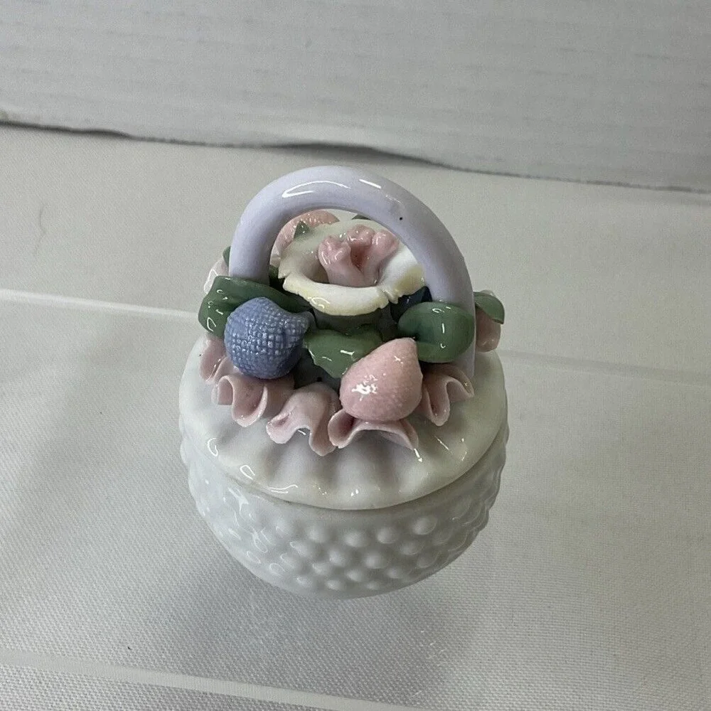 Vintage Capodimonte Porcelain Round Basket W Flowers Vanity Jewelry Trinket Box